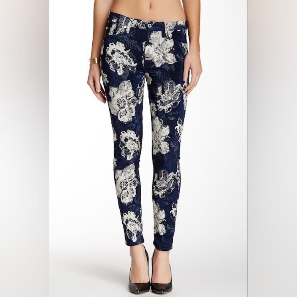 7 For All Mankind Jacquard Ankle Skinny Jeans Navy White Floral Pattern - 23